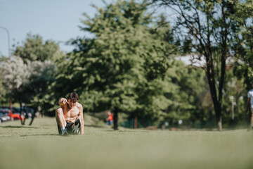 Young man working out in an urban park, doing an outdoor exercise on a grassy field. Fit lifestyle under natural sunlight.