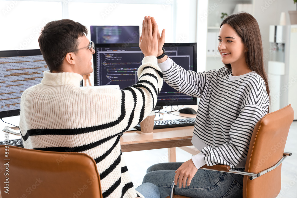 Poster couple of programmers giving each other high-five at table in office