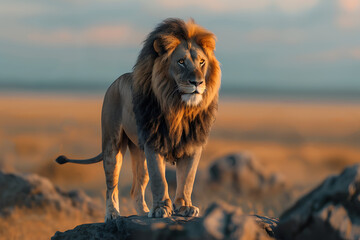 A lion stands proudly on a rock in the savannah. Bathed in natural light Relax in the warm sunshine.
