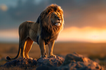 Obraz premium A lion stands proudly on a rock in the savannah. Bathed in natural light