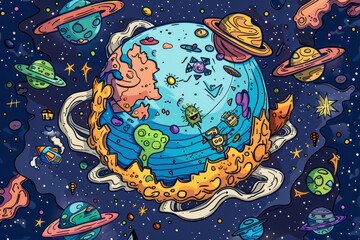 Cartoon cute doodles of a shattered planet with tiny aliens and spaceships flying out, Generative AI 