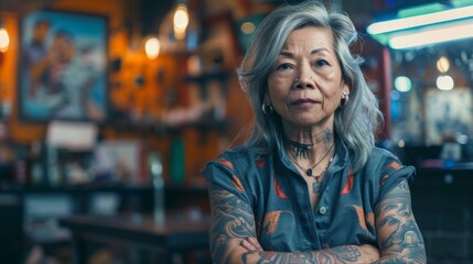 Fototapeta premium Portrait of a old woman tattoo artist at studio tattoo