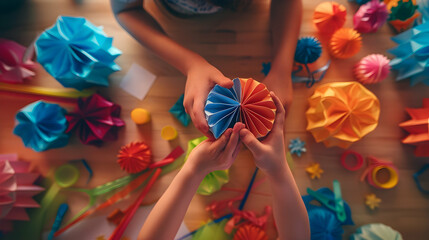 A close-up of a child's hands carefully crafting colorful paper lanterns, surrounded by art supplies and a sense of focused creativity - Powered by Adobe