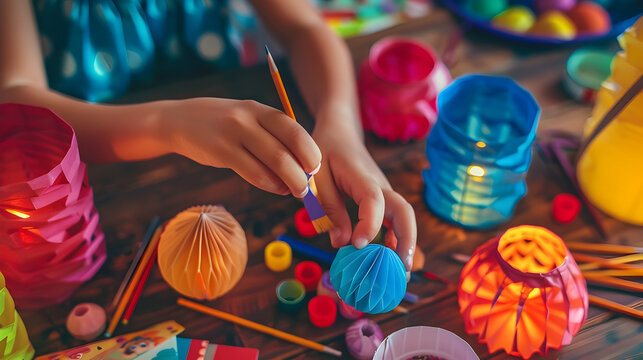 A close-up of a child's hands carefully crafting colorful paper lanterns, surrounded by art supplies and a sense of focused creativity