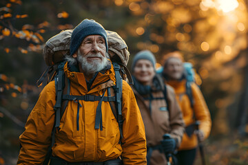 Obraz premium Portrait of a senior man with a gray beard enjoying a trekking adventure. Slow-paced living and outdoor activities, Explores serene landscapes, wellness and a healthy, active lifestyle in nature.