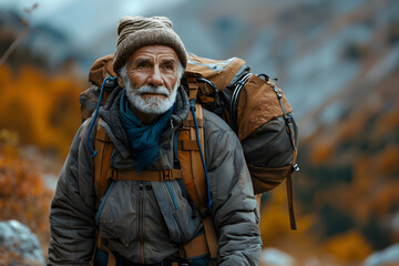 Fototapeta premium Portrait of a senior man with a gray beard enjoying a trekking adventure. Slow-paced living and outdoor activities, Explores serene landscapes, wellness and a healthy, active lifestyle in nature.
