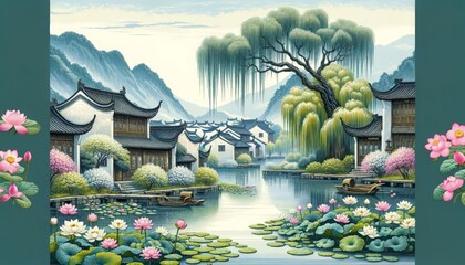 A artwork in Chinese brush painting, depicting a tranquil village in Spring by a serene lake, feature tradition houses, lotus flowers and weeping willow trees.