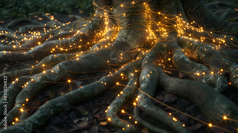 Poster a tree with glowing lights on it. the tree is surrounded by darkness