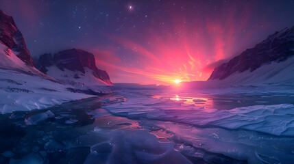 A vibrant nature glacier landscape with the aurora borealis lighting up the sky above