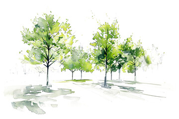 Green tree with leaves sketch architectural drawing in style of watercolor elements design,  isolated on white background, png