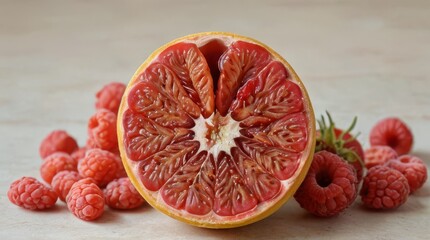 Close-up of a Blood Orange Slice and Raspberries