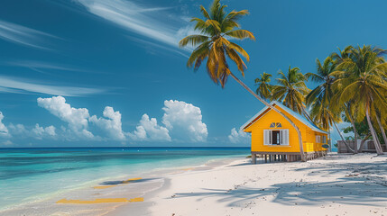 A yellow house on the beach with palm trees and a blue sky in shades of white sand
