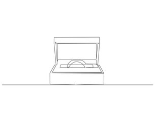 Continuous one line drawing of engagement ring in a box. One line drawing illustration of ring boxes for engagement. Romantic engagement concept continuous line art. Editable outline.