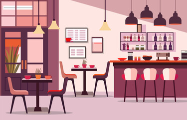 Indoor Interior Landscape in Cafe Restaurant with Bar and Chair Table for Customer