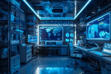 Futuristic control room with multiple screens, computers, and a high-tech setup illuminated by blue lighting, showcasing advanced technology.