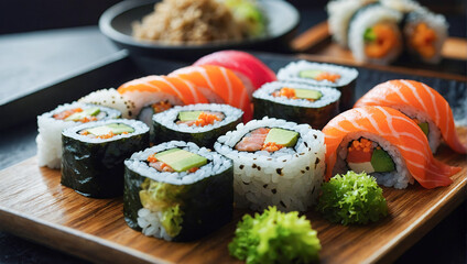 Fresh Japanese sushi. Japanese Asian cuisine. Seafood.