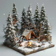 Winter camping scene with a tent, skis, and campfire surrounded by snow-covered trees. A perfect image for outdoor adventure enthusiasts.