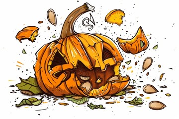 Cartoon cute doodles of a smashed pumpkin with seeds and pieces everywhere, Generative AI