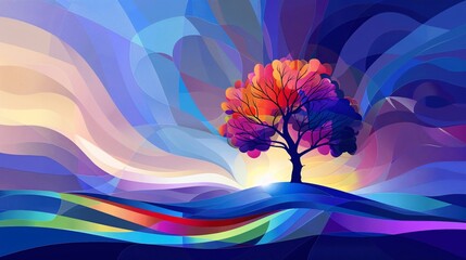 A joyful, colorful illustration of a rainbow-colored tree, set against a background of abstract shapes and lines symbolizing LGBTQ+ pride, using deep blues, purples, and vibrant contrasting colors