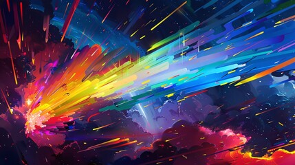 Fototapeta premium A vibrant, colorful illustration of a rainbow-colored comet streaking through a sky of abstract shapes and lines representing unity and pride, with a palette of deep blues, purples, and vibrant colors