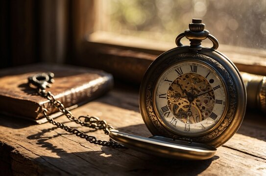 Antique Pocket Watch, Vintage Feather Pen, Old Book, Sunlit Wooden Table, Macro Photography, Warm Nostalgic Decor, Intricate Engravings