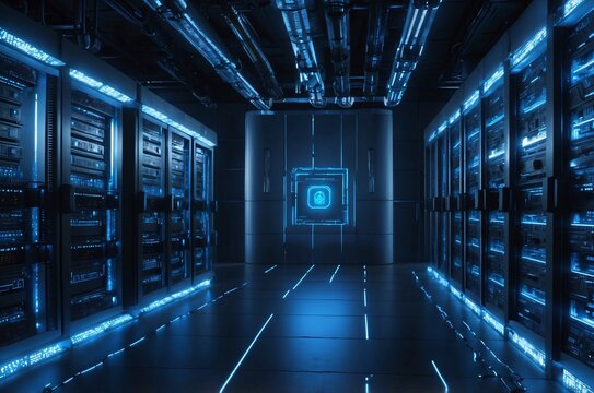 Futuristic Server Room, Blue Lights, Holographic Lock, Advanced Cybersecurity, Digital Artwork, Photorealistic Rendering, Secure Servers