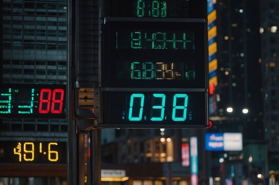 Modern Digital Clock, Time Sequence, Busy City Life, Dynamic Motion, Hustle and Bustle, Long Exposure Photography, Blurred Background
