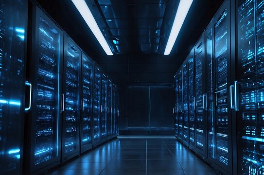 Futuristic Server Room, Blue Lights, Holographic Lock, Advanced Cybersecurity, Digital Artwork, Photorealistic Rendering, Secure Servers