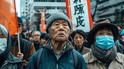 group of people at a demonstration in Japan during the day in high resolution and high quality. gears concept