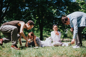 Fototapeta premium A group of young friends gathers in a park, enjoying a carefree day filled with laughter and play under the sun.