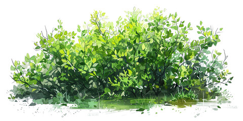 Green bush sketch architectural drawing in style of watercolor elements design, isolated on white background, png