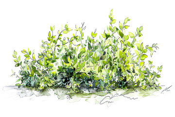 Green bush sketch architectural drawing in style of watercolor elements design, isolated on white background, png