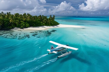 A seaplane landing on a turquoise lagoon surrounded by a tropical island paradise