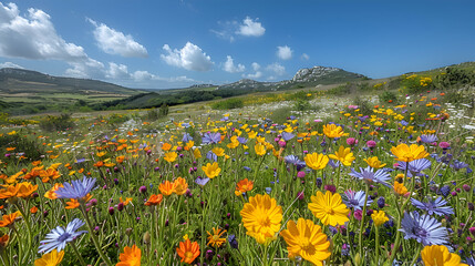 A vibrant nature heathland landscape with a variety of wildflowers in full bloom, the sky clear and blue