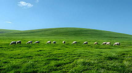 Fototapeta premium A vibrant nature hill landscape with a flock of sheep grazing peacefully, the sky clear and blue