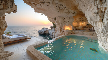 The swimming pool is in the hotel in the seaside cave