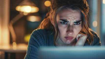 Fototapeta premium An angry woman looking at her laptop screen with a worried expression