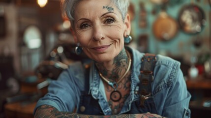 Portrait of a old woman tattoo artist at studio tattoo