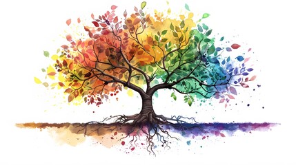 tree with colorful watercolor leaf