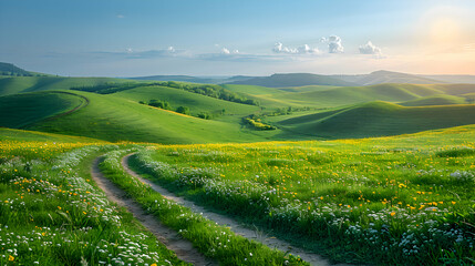 Obraz premium A vibrant nature hill landscape with a winding path leading up to the summit, the rolling hills creating a picturesque scene
