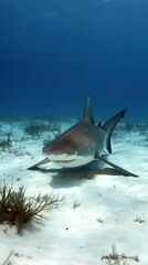 Fototapeta premium Grey reef shark swims through the shallows in the Bahamas.