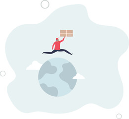 logistic shipping worker carrying big package parcel on the way to deliver running on globe.flat vector illustration.