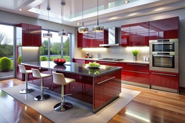 A modern kitchen with a large island and a white countertop