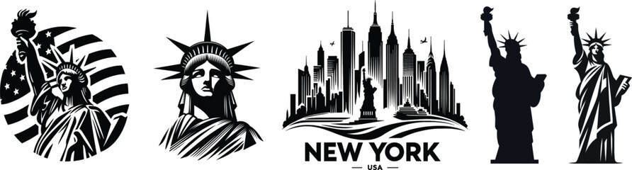 Statue of liberty set, iconic symbol place in new york city usa, independence day, vector illustration.