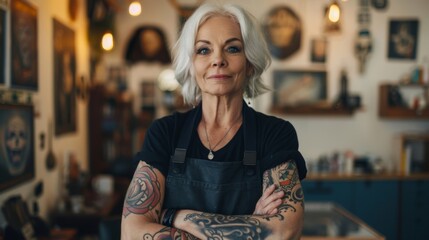 Portrait of a old woman tattoo artist at studio tattoo