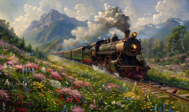 Printable wall decor painting A vintage train travels through a picturesque countryside, with wildflowers in the foreground. The nostalgic scene evokes a sense of adventure and timeless beauty.