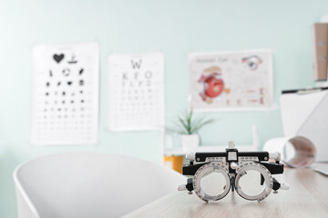 Trial frame on table at ophthalmologist's office, closeup