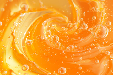 Face serum, gel texture. Cosmetic vitamin C cream with bubbles background. Clear orange colored skin moisturizer.


