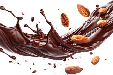 Almond nuts in chocolate splashes isolated on white background. Sweet food concept.