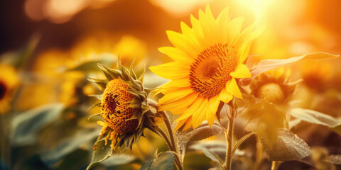 Fototapeta premium Sunflower in sunflowers field in sunlight, close up